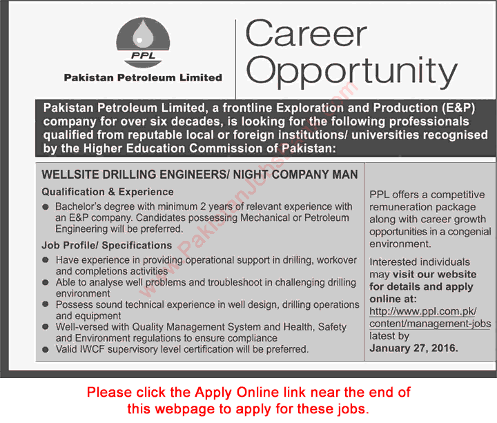 Pakistan Petroleum Limited Jobs 2016 PPL Apply Online Drilling Engineer / Night Company Man Latest