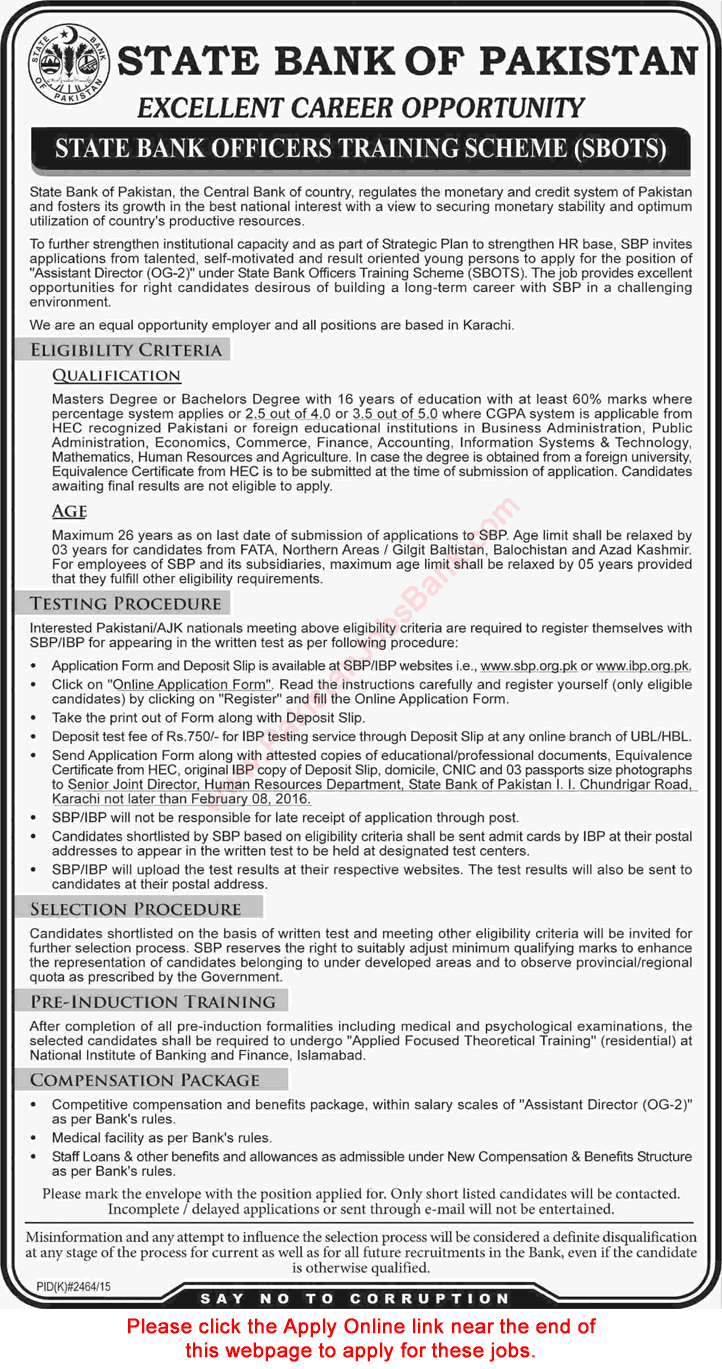 State Bank of Pakistan Jobs 2016 SBP Apply Online Assistant Directors Officers Training Scheme SBOTS Latest