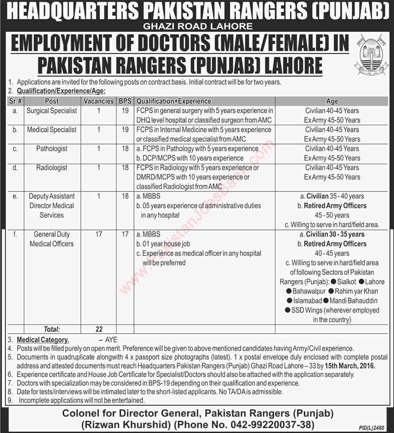 Punjab Rangers Jobs 2016 February General Duty Medical Officers (GDMO) & Specialist Doctors Latest