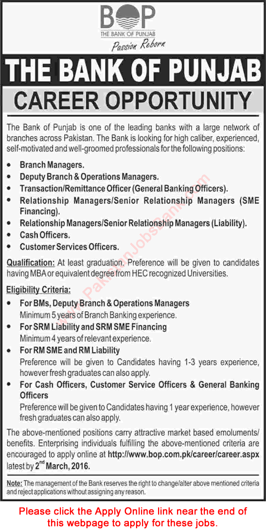 Bank of Punjab Jobs 2016 February Apply Online Officers & Managers Latest Advertisement