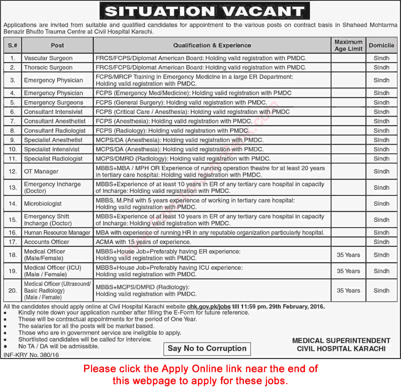 Civil Hospital Karachi Jobs 2016 February Apply Online Medical Officers, Specialists / Consultants & Others Latest