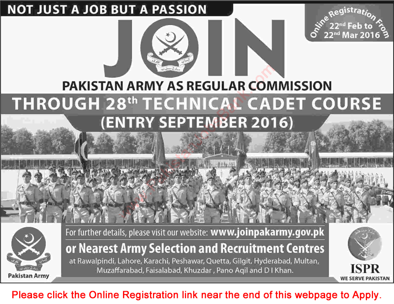 Join Pakistan Army through 28th Technical Cadet Course (TCC) 2016 Online Registration Regular Commission