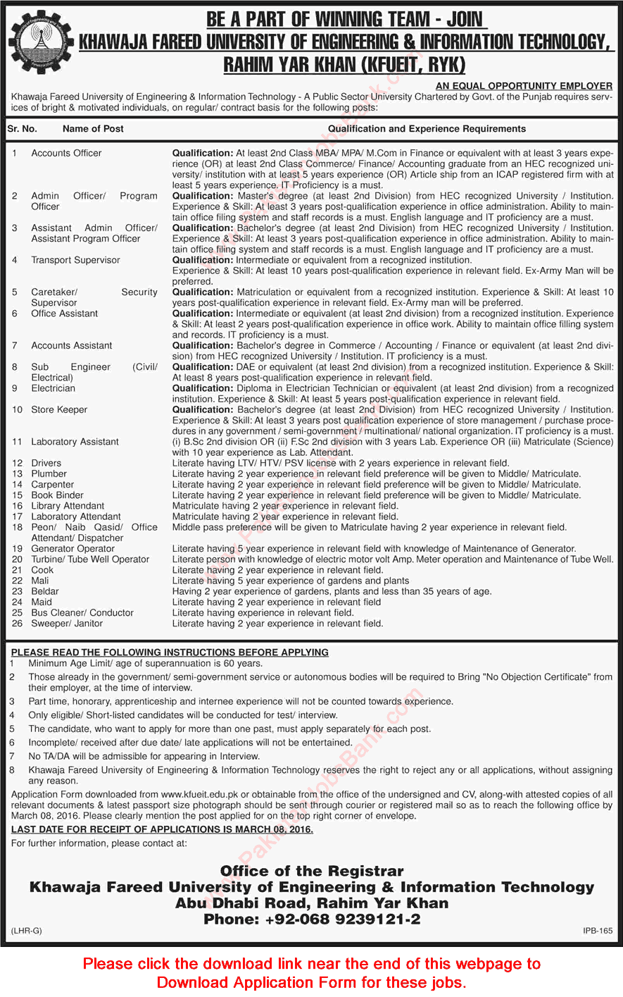 Khawaja Fareed University Rahim Yar Khan Jobs 2016 February KFUEIT Application Form Download Latest