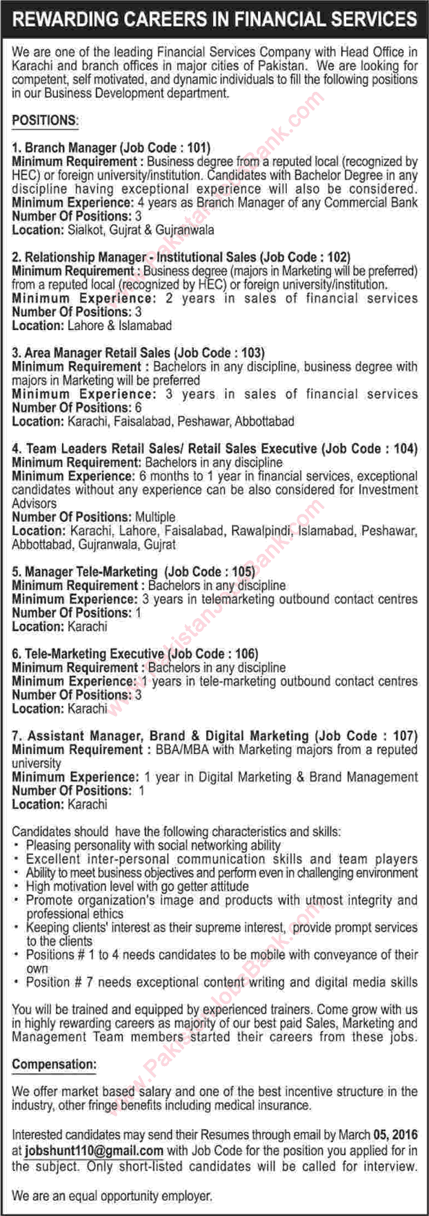 Financial Services Company Jobs in Pakistan 2016 February / March Business Development Staff Latest