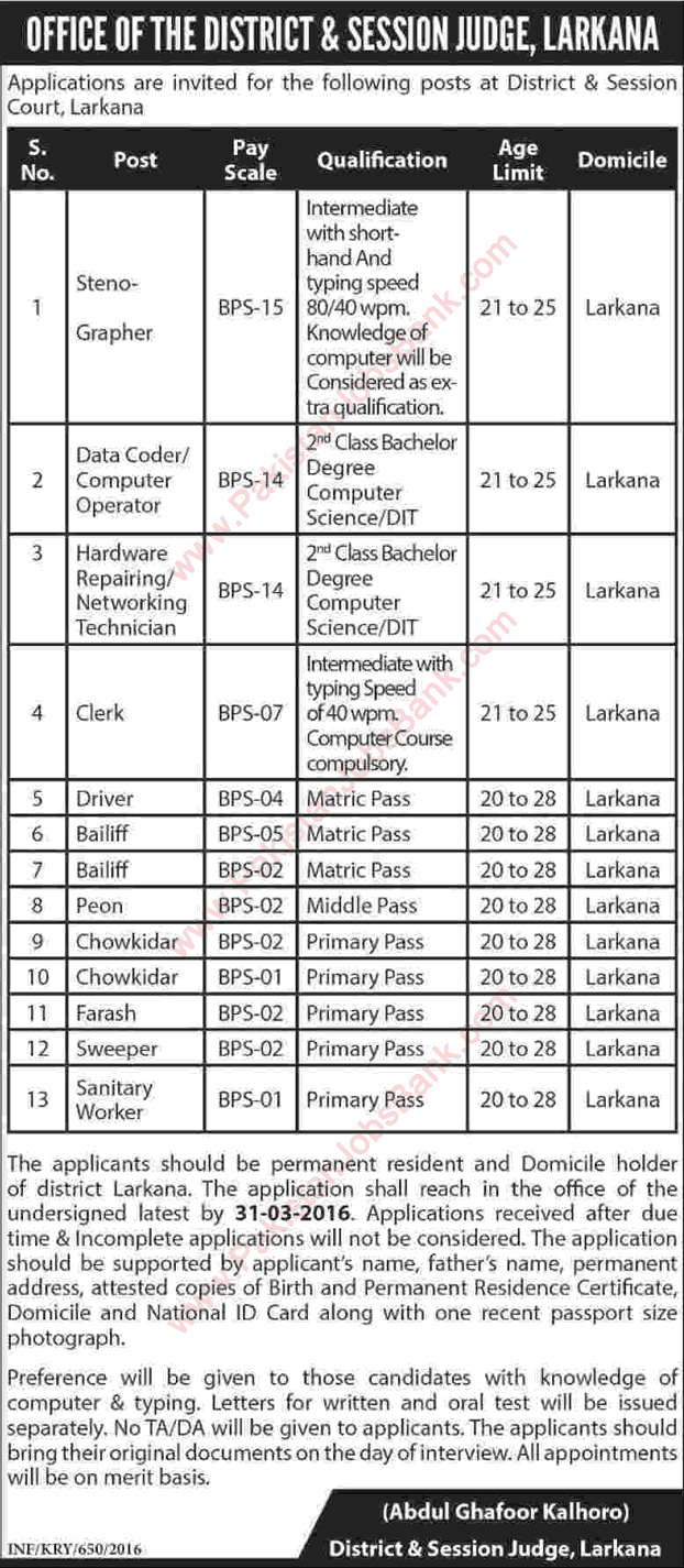 District and Session Court Larkana Jobs 2016 March Stenographer, Clerks, Peon, Driver & Others Latest