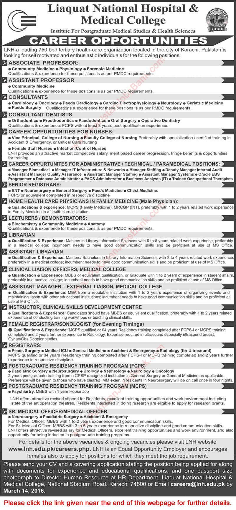 Liaquat National Hospital Karachi Jobs 2016 March LNMC Latest Advertisement