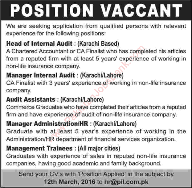 Premier Insurance Limited Jobs 2016 March Pakistan Management Trainees & Others Latest
