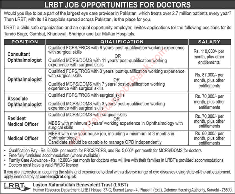 LRBT Hospitals Jobs 2016 March Pakistan Ophthalmologists & Medical Officers Latest