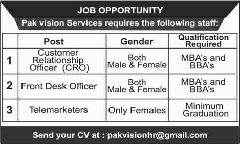 Pak Vision Services Pakistan Jobs 2016 March Customer Relationship Officer, Telemarketers & FDO Latest