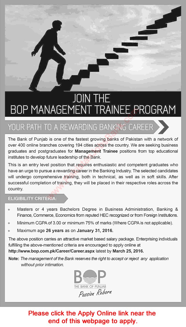 Bank of Punjab Management Trainee Officer Jobs 2016 March BOP MTO Program Apply Online Latest Advertisement