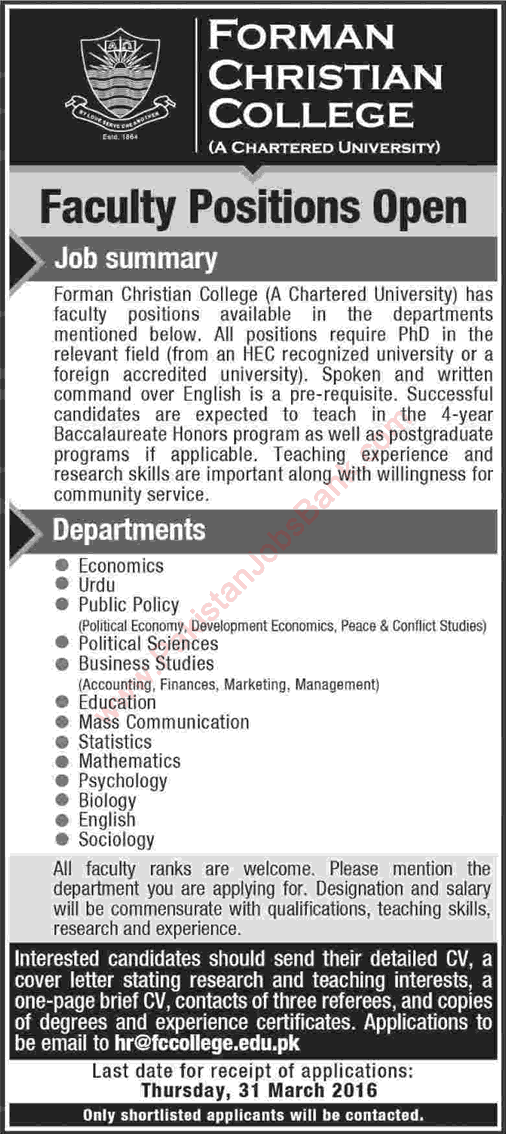 Forman Christian College Lahore Jobs 2016 March FCC University Teaching Faculty Latest