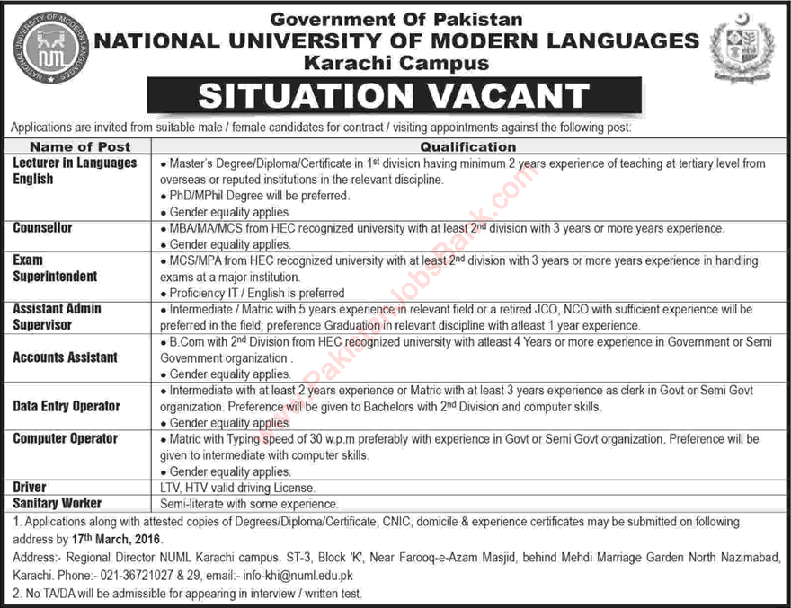 NUML University Karachi Jobs 2016 March Lecturers, Admin & Support Staff Latest