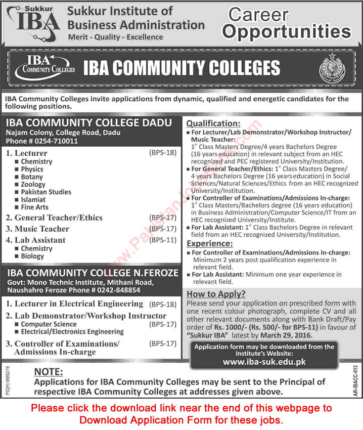 IBA Community Colleges Dadu / Naushahro Feroze Jobs 2016 March Application Form Download Latest