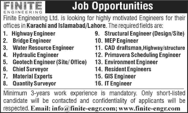 Finite Engineering Private Limited Pakistan Jobs 2016 March Engineers, Draftsman, QS & Material Experts Latest