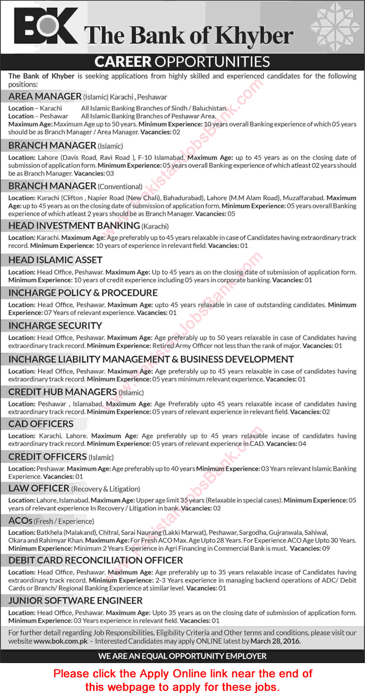 Bank of Khyber Jobs March 2016 BOK Apply Online Managers, Officers & Others Latest