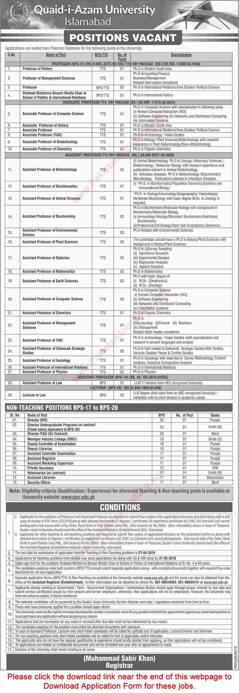 Quaid-e-Azam University Islamabad Jobs 2016 March / April QAU Application Form Download Latest