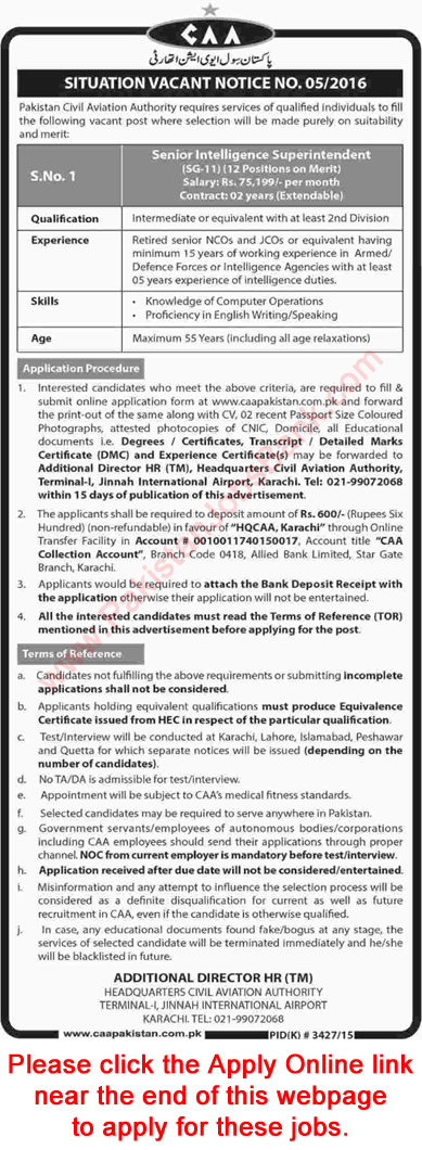 Civil Aviation Authority Pakistan Jobs March 2016 April CAA Intelligence Superintendents Apply Online Latest