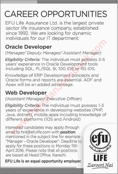 EFU Life Assurance Karachi Jobs 2016 March / April Oracle Developers & Web Developers Latest