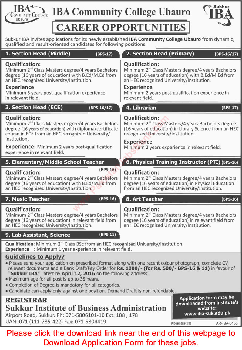 IBA Community College Ubauro Jobs 2016 March / April Application Form Teachers, PTI & Others Latest