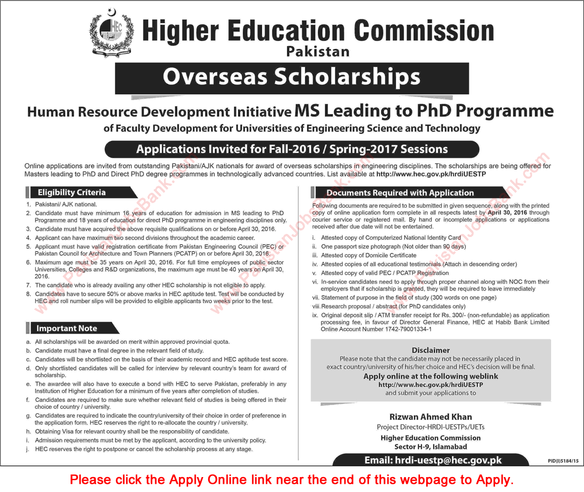 HEC Overseas Scholarships 2016 - 2017 MS Leading to PhD Program for Faculty Development Apply Online Latest