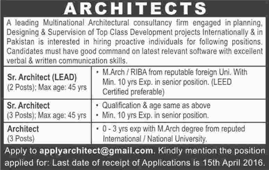Architect Jobs in Pakistan 2016 April at an Architectural Consultancy Frim Latest / New