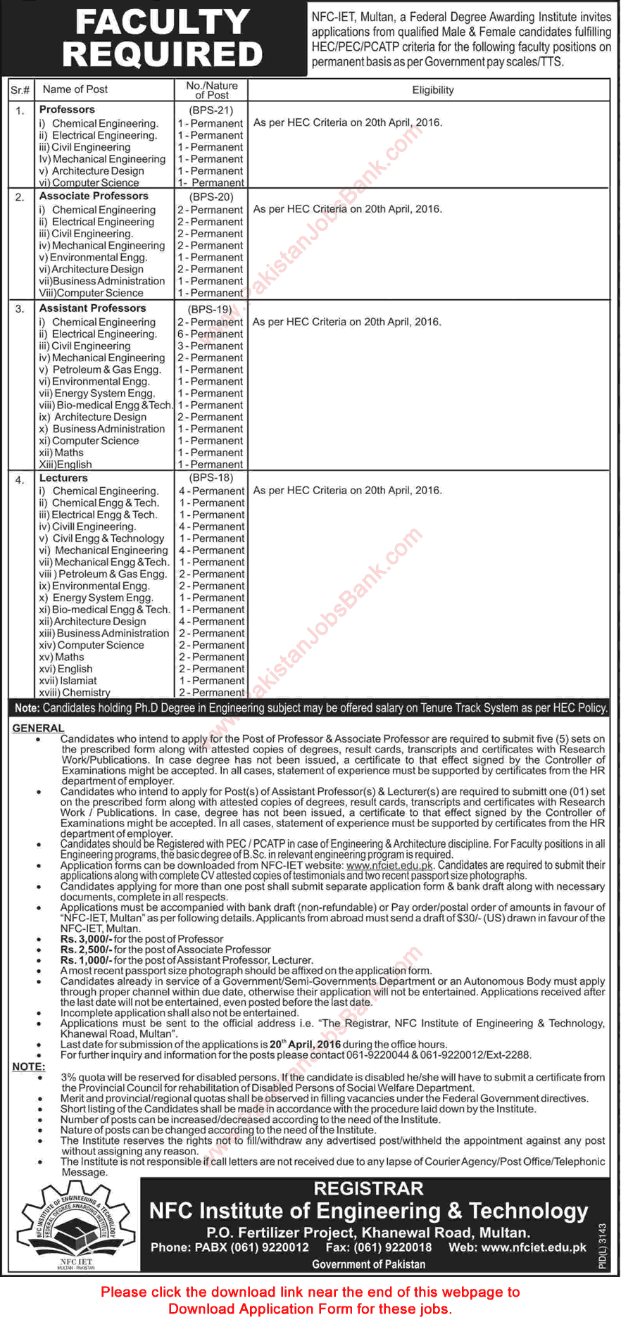 NFC-IET Multan Jobs 2016 April Application Form Teaching Faculty Latest Advertisement