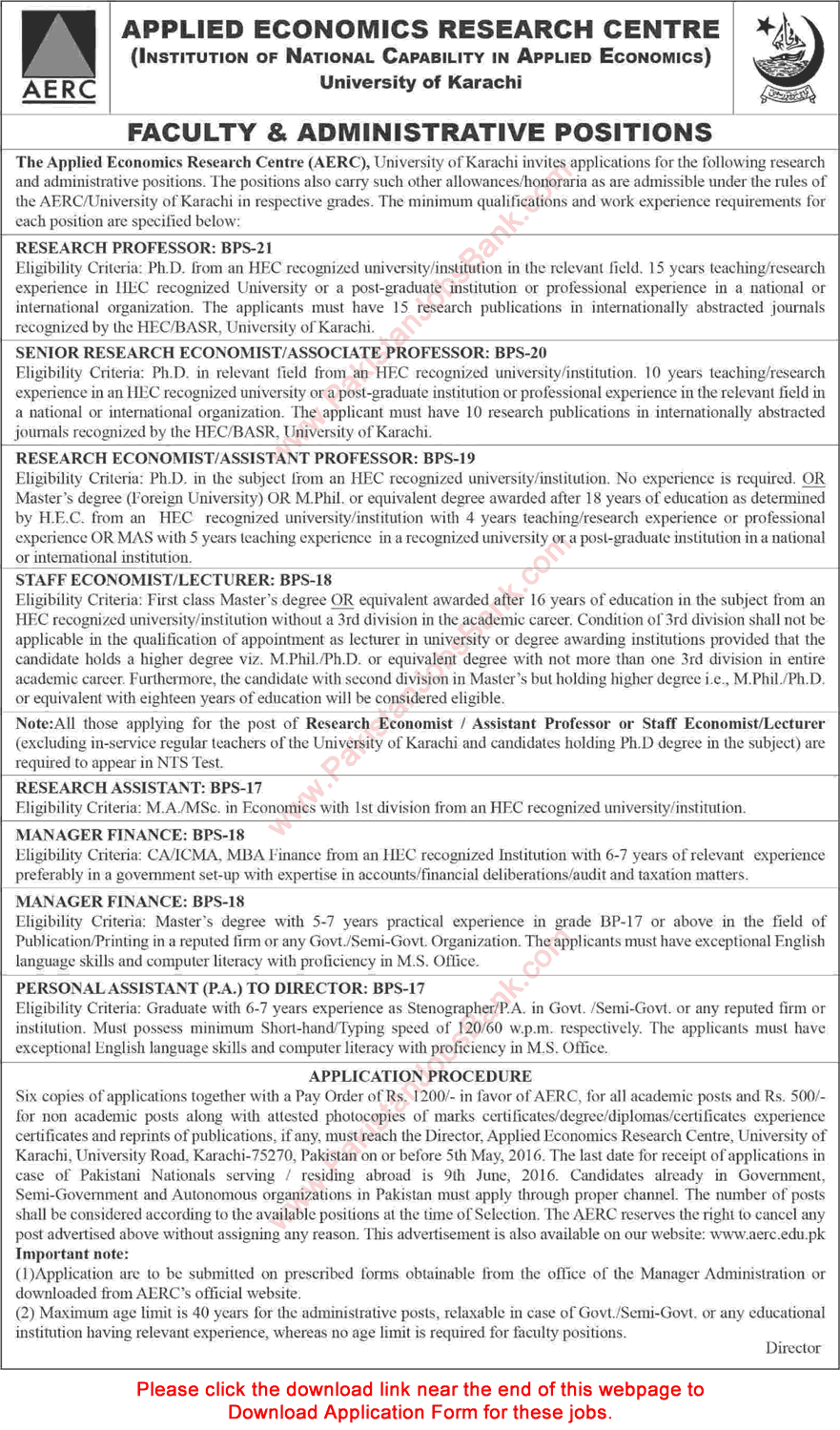 Applied Economics Research Centre Karachi Jobs 2016 April AERC Application Form Download Latest