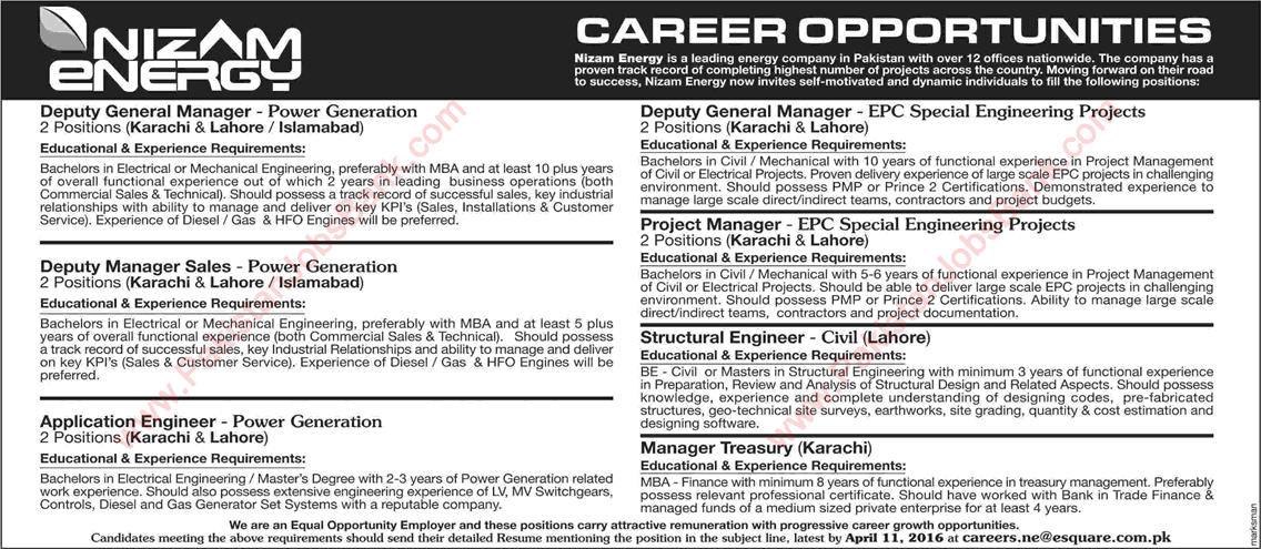 Nizam Energy Pvt Ltd Jobs 2016 April in Islamabad, Lahore & Karachi Latest