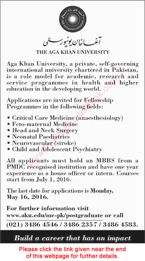 Aga Khan University Fellowships / Internships 2016 April Postgraduate Medical Education Program Latest