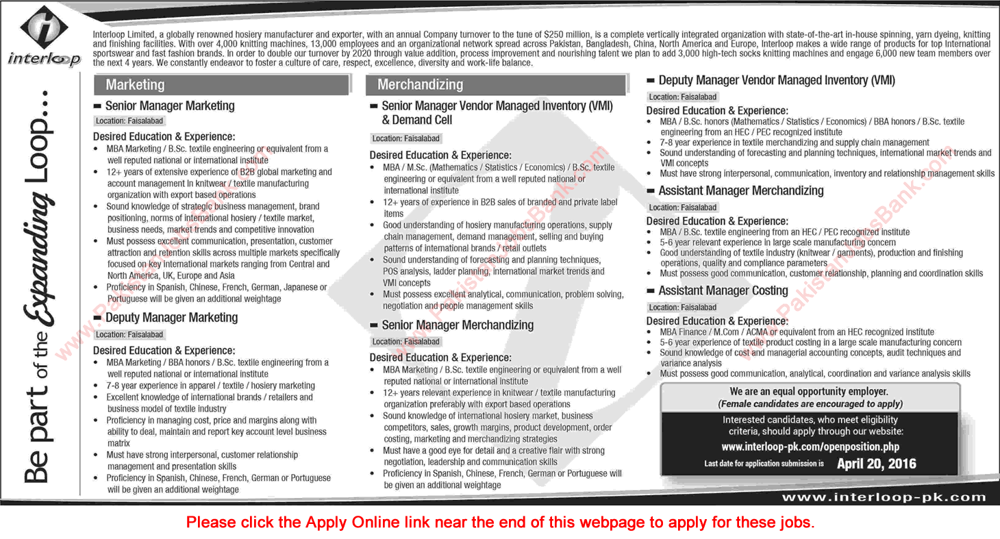 Interloop Faisalabad Jobs April 2016 Apply Online Marketing & Merchandizing Managers Latest