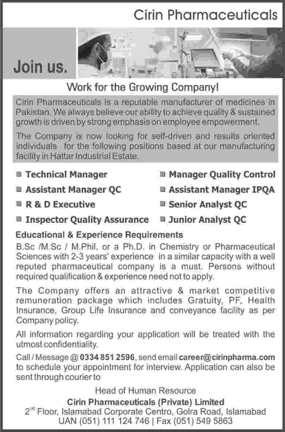 Cirin Pharmaceuticals Hattar Jobs 2016 April KPK Managers, QC Analysts & Others Latest