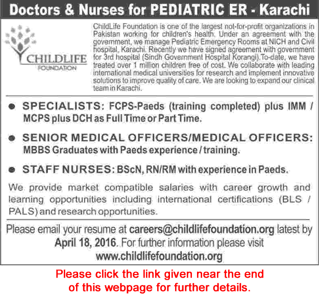 Child Life Foundation Karachi Jobs 2016 April Medical Officers, Specialist Doctors & Nurses Latest