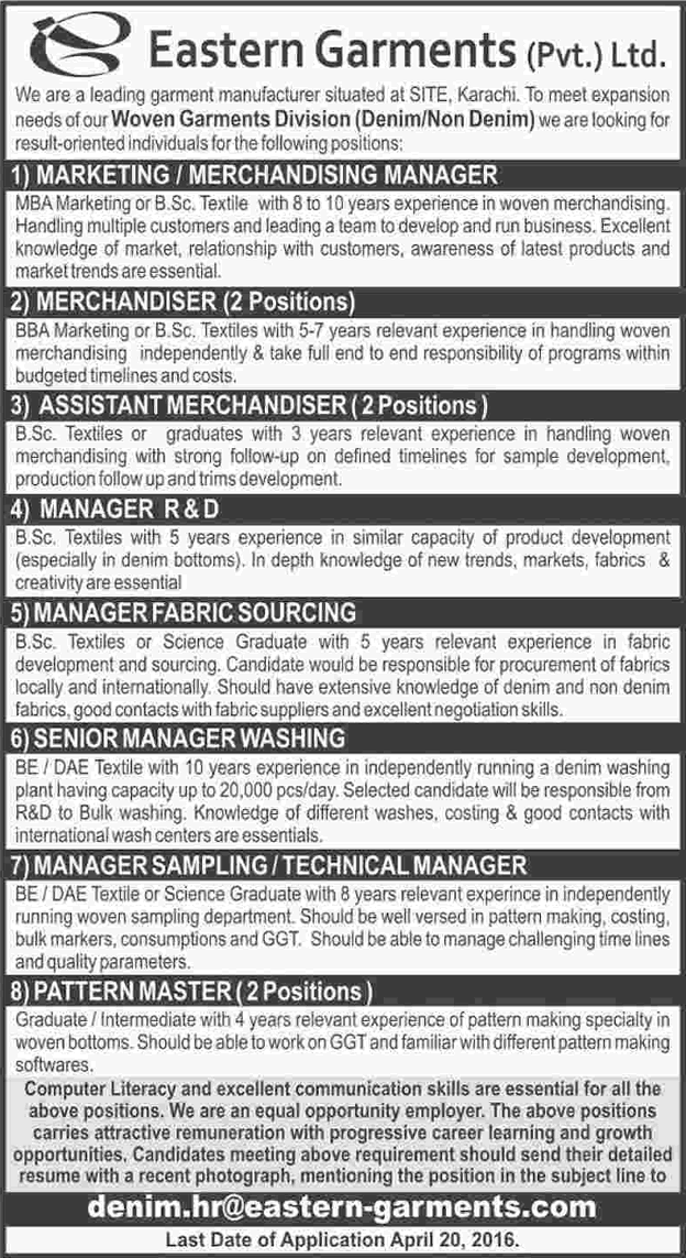 Eastern Garments Karachi Jobs 2016 April Merchandisers, Managers & Others Latest