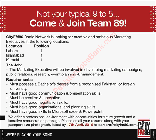 Marketing Jobs in Karachi, Lahore, & Islamabad April 2016 Marketing Executives at City FM 89 Radio Network Latest