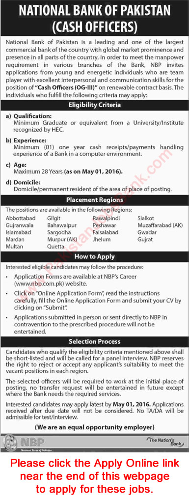 NBP Jobs April 2016 Cash Officers (OG3) Apply Online National Bank of Pakistan Cashier Latest