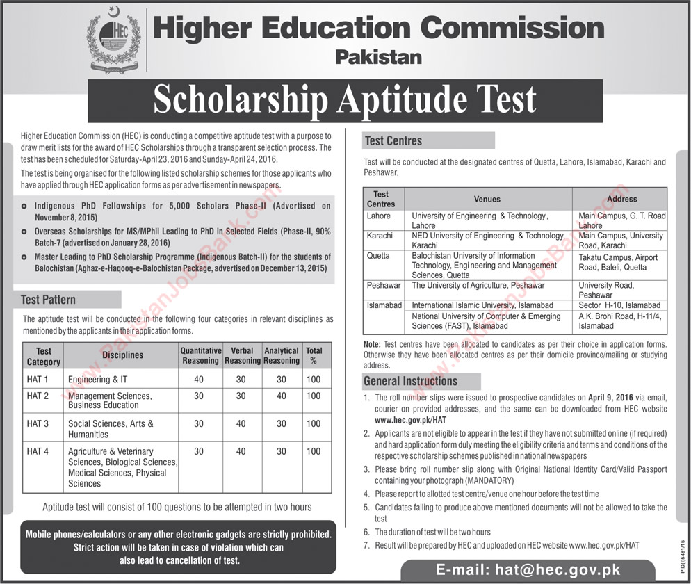 HEC Scholarship Aptitude Test April 2016 for Indigenous & Overseas MPhil / MS / PhD Scholarships