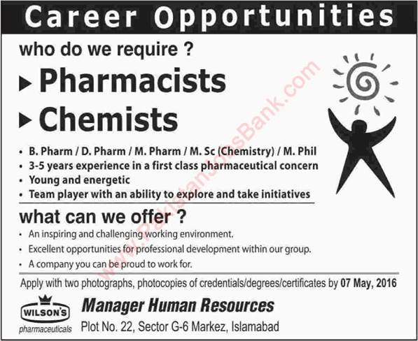 Wilson's Pharmaceuticals Islamabad Jobs 2016 April Pharmacists & Chemists Latest