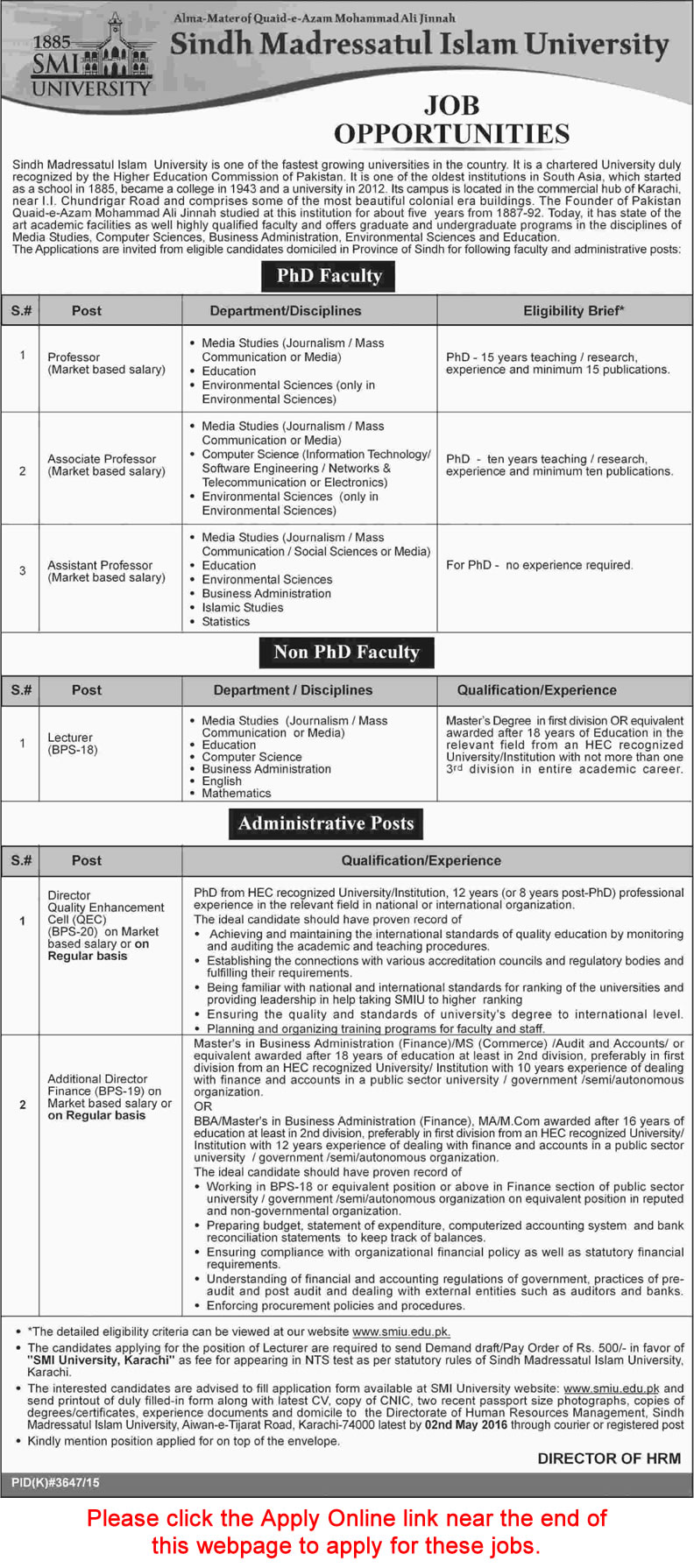 Sindh Madressatul Islam University Karachi Jobs April 2016 SMIU Apply Online Teaching Faculty & Admin Staff Latest