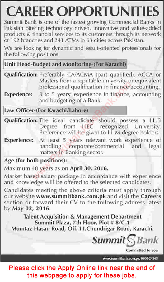 Summit Bank Jobs April 2016 Apply Online Law Officers & Unit Head Budget & Monitoring Latest
