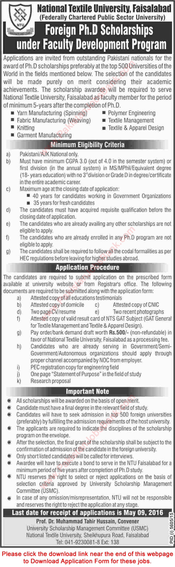 National Textile University Faisalabad Foreign PhD Scholarships 2016 Application Form Faculty Development Program Latest