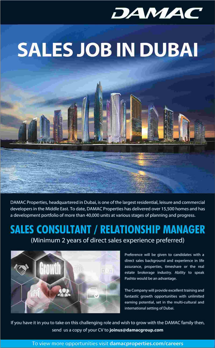 DAMAC Properties Dubai Jobs 2016 April for Sales Consultant / Relationship Manager Latest