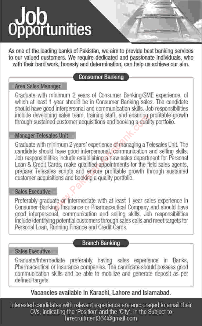 Bank Jobs in Pakistan April 2016 in Karachi, Lahore & Islamabad Sales Managers & Executives Latest