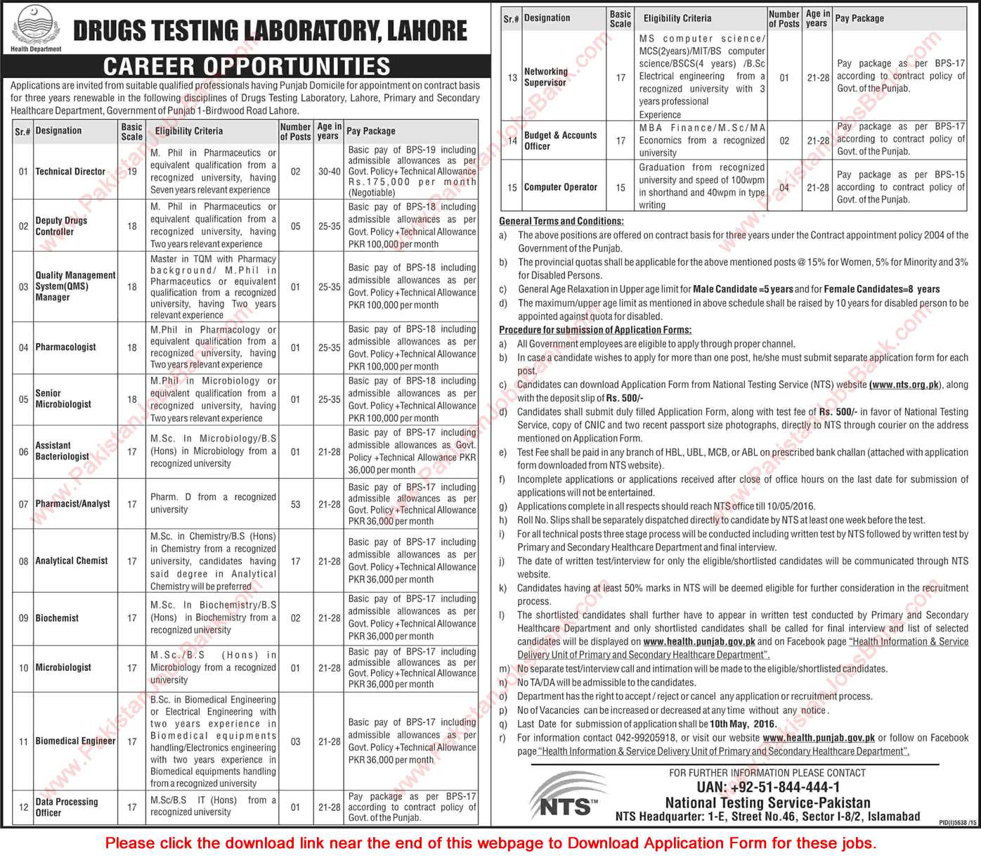 Drugs Testing Laboratory Lahore Jobs 2016 April NTS Application Form Pharmacists, Analytical Chemists & Others Latest