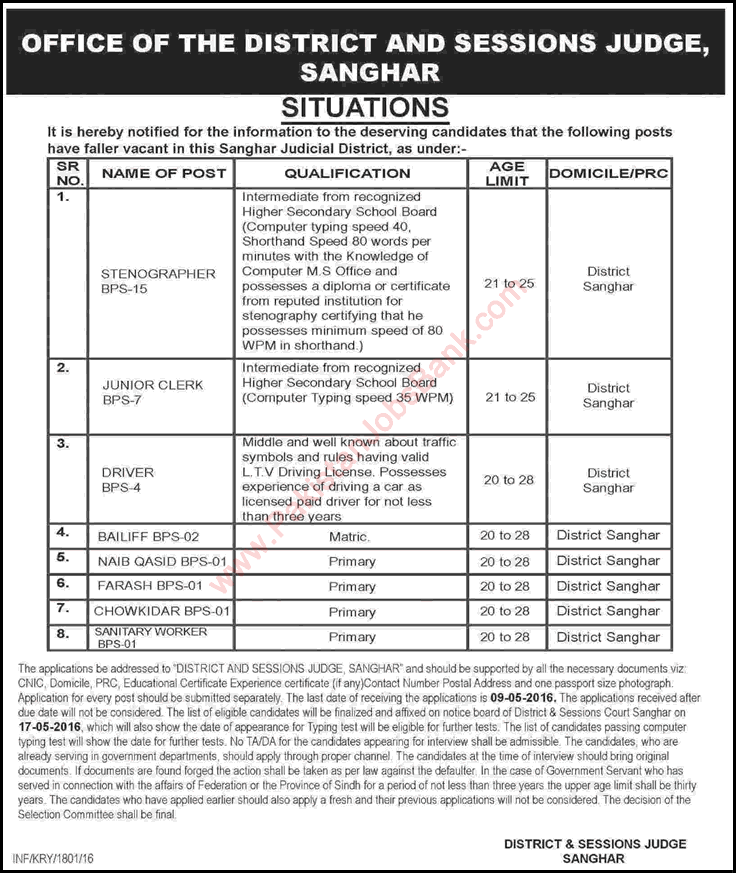 District and Session Court Sanghar Jobs 2016 April Sindh Stenographers, Clerks, Drivers & Others Latest