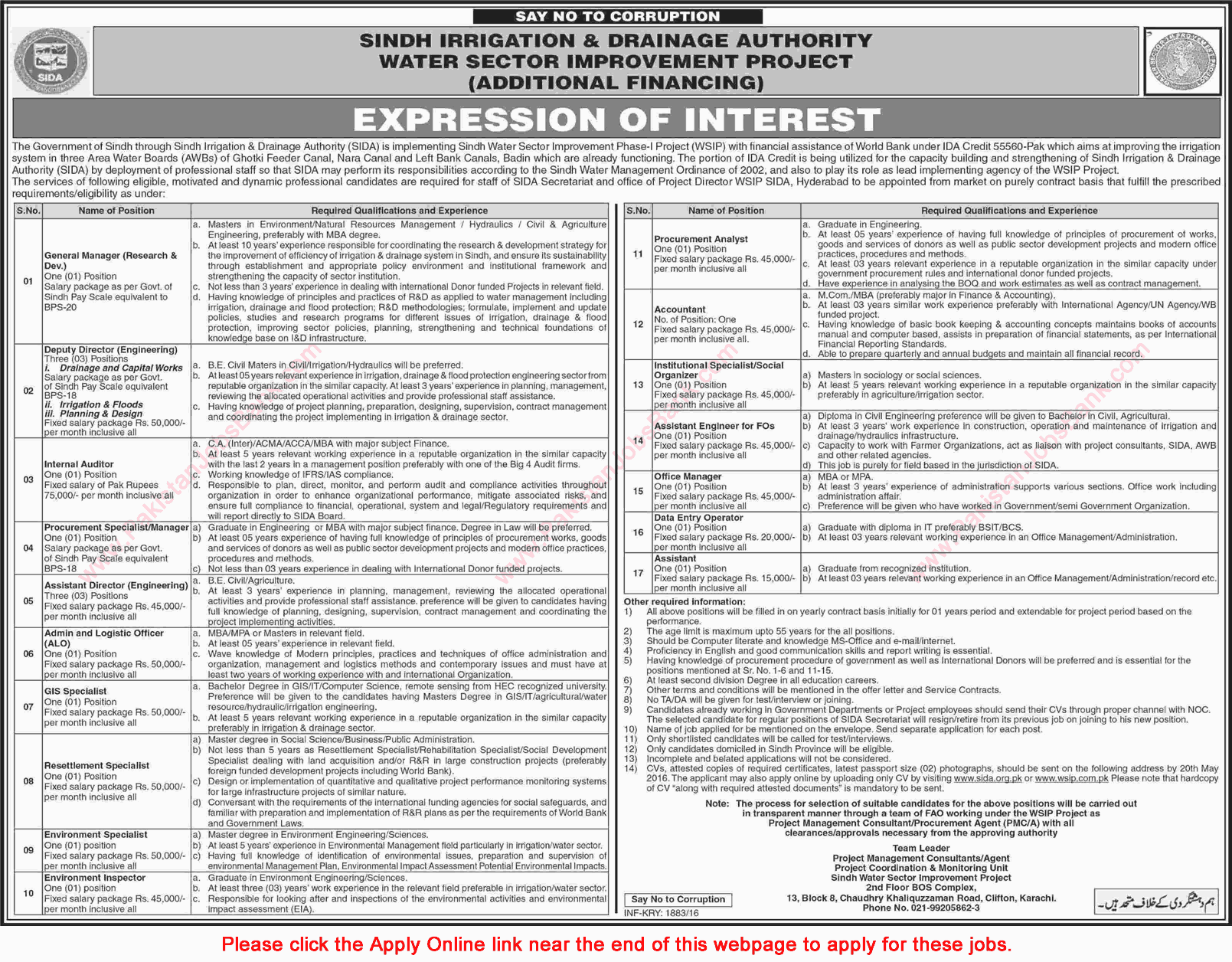 Sindh Irrigation and Drainage Authority Jobs 2016 May SIDA Apply Online Latest / New Advertisement