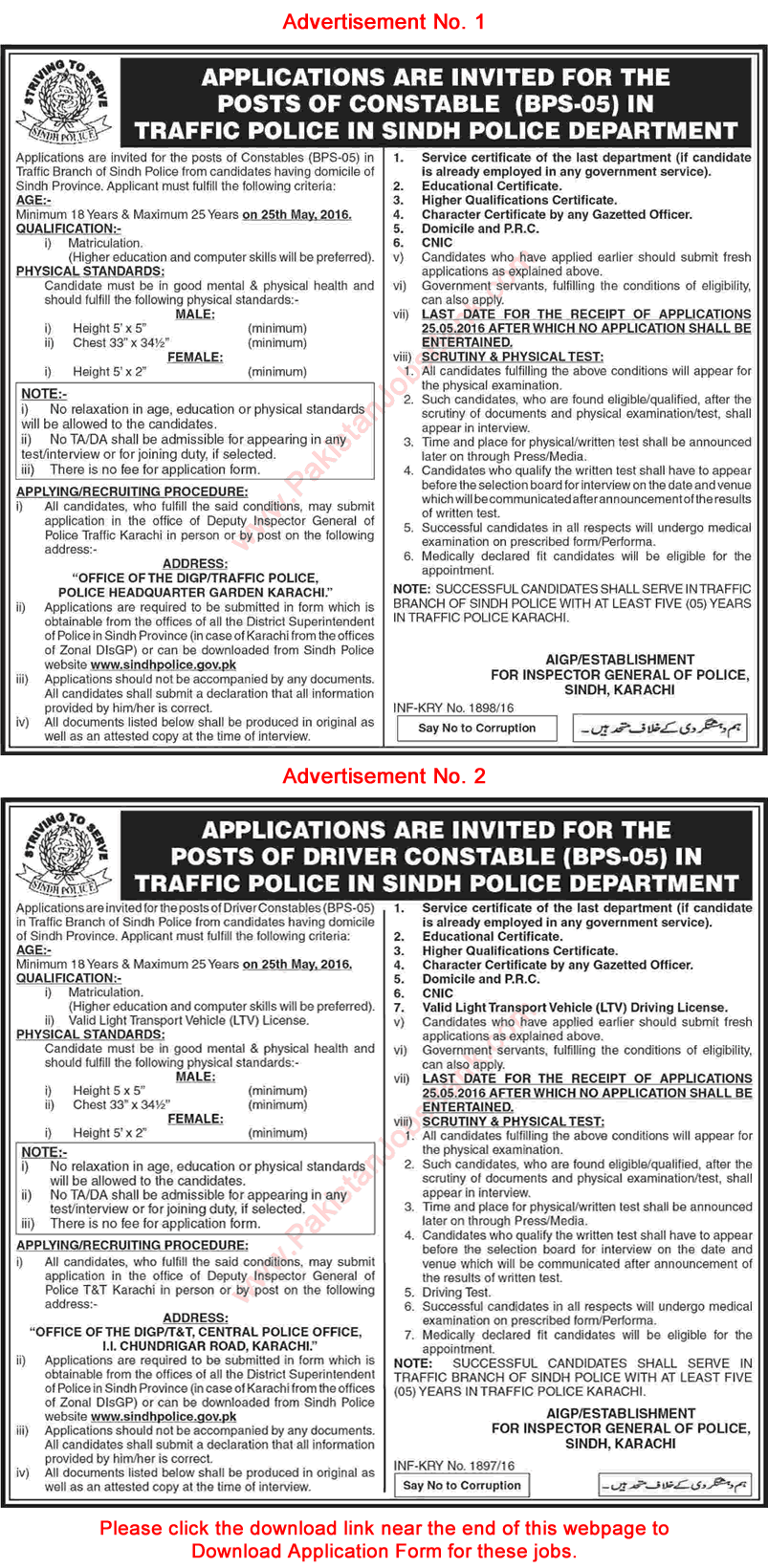 Sindh Traffic Police Jobs 2016 May Constables / Drivers Application Form Download Latest / New