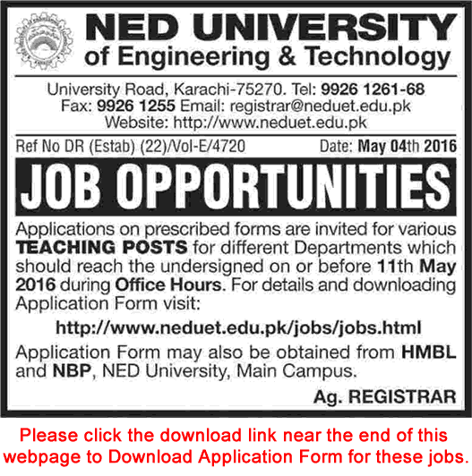 NED University of Engineering and Technology Karachi Jobs 2016 May Teaching Faculty Application Form Latest