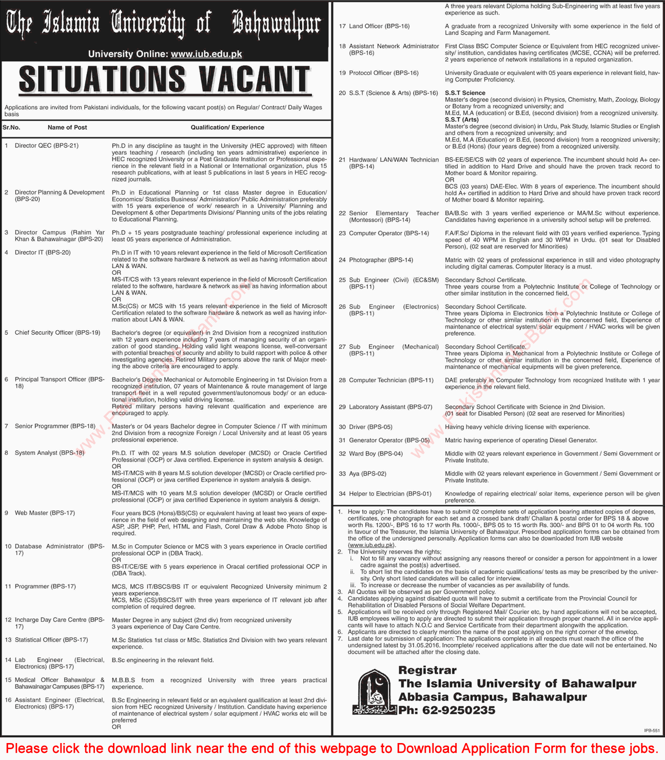 Islamia University Bahawalpur Jobs May 2016 Application Form Download Latest Advertisement