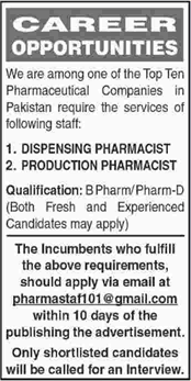 Pharmacist Jobs in Pakistan 2016 May Latest in a Pharmaceutical Company