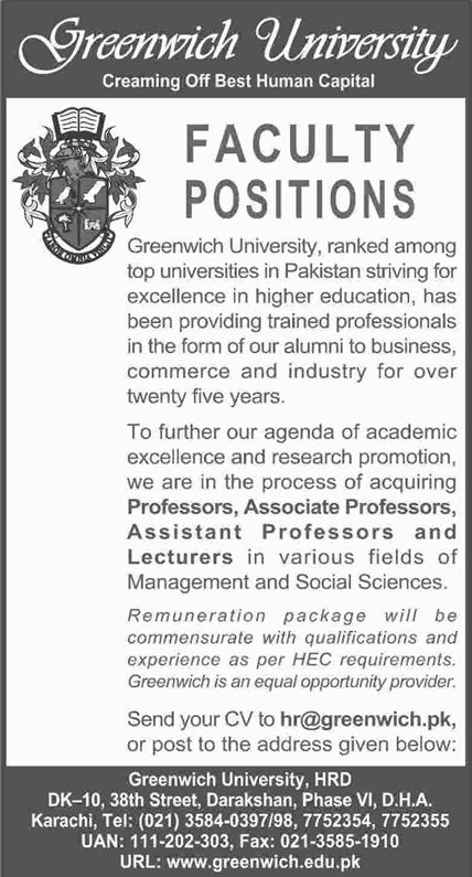 Greenwich University Karachi Jobs 2016 May Teaching Faculty Latest